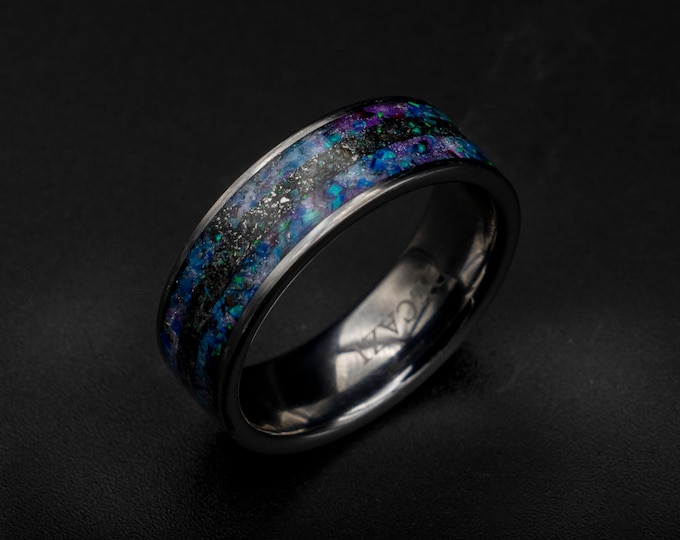 Mens meteorite ring with galaxy opal inlay.