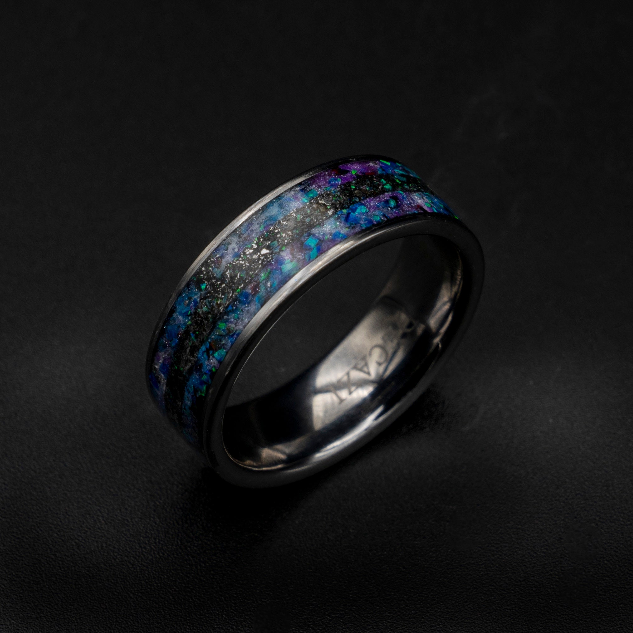 Mens meteorite ring with galaxy opal inlay.