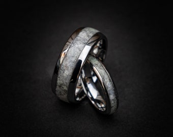 Rainbow Moonstone Ring Set | His & Hers Tungsten Bands 8mm + 4mm | White Opal Inlay | Comfort Fit | Subtle Glow