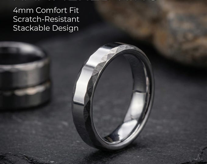 Hammered ring, tungsten ring, wedding band mens, rings for men, opal ring, decazi, mens wedding band, 4mm ring, silver ring,