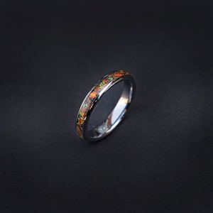 4mm velociraptor Dinosaur bone tungsten ring with Mexican fire opal and meteorite shavings, womens ring, mens wedding band, green opal.