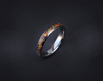 Bague en tungstène Velociraptor 4mm en os de dinosaure avec opale de feu mexicaine et copeaux de météorite, bague pour femme, alliance pour homme, opale verte.