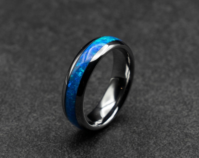 Black friday sale, personalized gift,  Silver Tungsten ring with blue opal. 6 mm wide band. Blue opal ring. Ready to ship