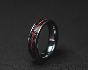 Red Opal & Meteorite Mens Ring | Tungsten Ring, Black Engagement Ring, Mens Wedding Band, Handmade Ring, 6mm Minimalist Ring For Him