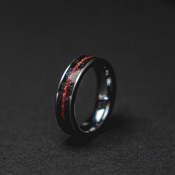 Red Opal & Meteorite Mens Ring | Tungsten Ring, Black Engagement Ring, Mens Wedding Band, Handmade Ring, 6mm Minimalist Ring For Him