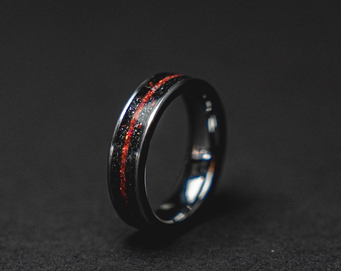 Red Opal & Meteorite Mens Ring | Tungsten Ring, Black Engagement Ring, Mens Wedding Band, Handmade Ring, 6mm Minimalist Ring For Him