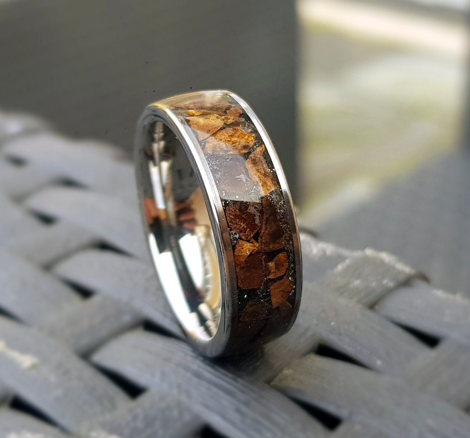 Tungsten Wedding Band Men Custom, Dinosaur Bone Meteorite