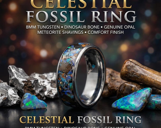 dinosaur bone, mens promise ring, Unique, dinosaur fossil, opal ring, meteorite ring, tungsten ring, meteorite ring men, Australian opal,