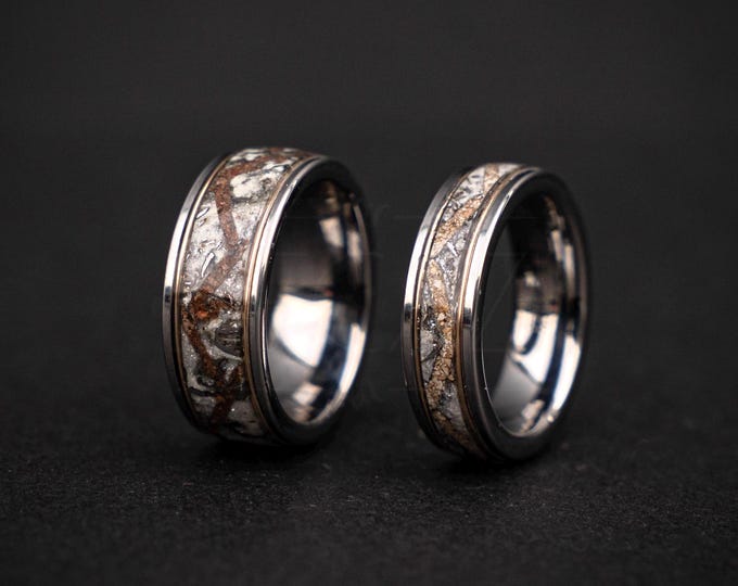 Muonionalusta Meteorite & Dinosaur Bone Tungsten Ring Set – Matching Couple Wedding Bands 6mm + 8mm – Gold Wire – Comfort Fit – Personalized