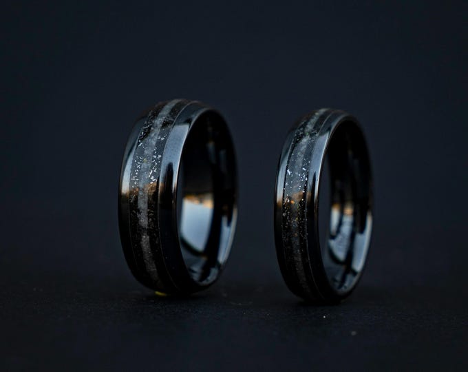 Domed Ceramic Ring Set • Muonionalusta Meteorite Dust Inlay • Rainbow Moonstone • Cosmic Wedding Bands • Matching Men’s & Women’s Rings