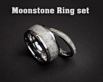 moonstone wedding ring set, couples rings, rainbow moonstone ring, his and hers rings, wedding ring set, matching rings, opal ring set.