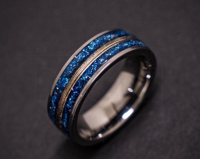 Silver Tungsten Wedding Band 8mm – Galaxy Opal Inlay + 18K Gold Wire – Comfort Fit – Men’s Engagement Ring