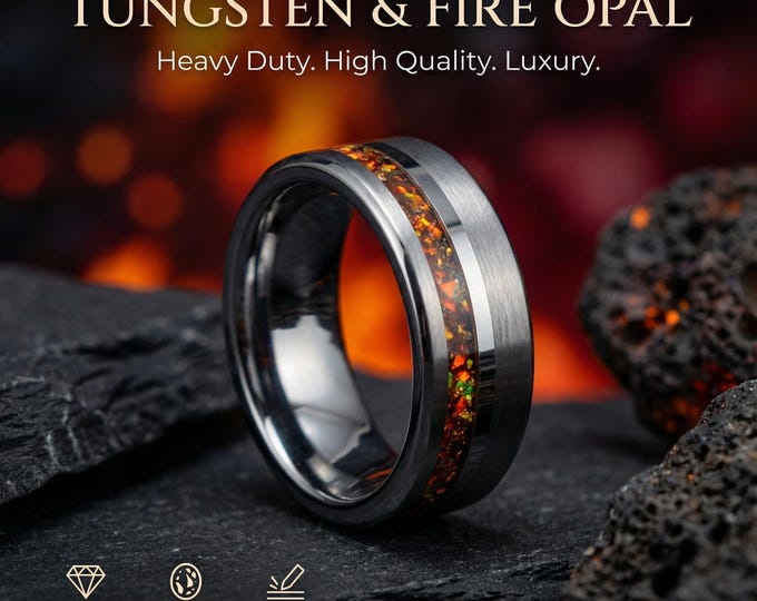 Tungsten Ring with Mexican Fire Opal, Meteorite & Fossilized Dinosaur Bone • Men’s Unique Wedding Band • Cosmic Opal • Rare Inlay Band.