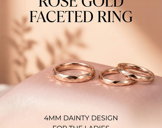 Rose Gold 4mm Faceted Tungsten Ring - womens Wedding Band, Womens Engagement, Men's Ring, Promise Ring, female engagement ring | Decazi