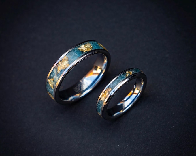 Elegant Tungsten Ring Set with Raw Aquamarine & 18K Gold Leaf - 6-4mm Wide | Decazi