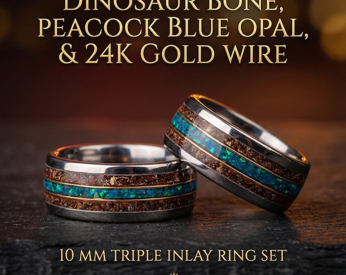 Blue Fire Opal Dinosaur Bone Fossil Ring Set, Couples Ring, Personalized Unique Handmade Jewelry