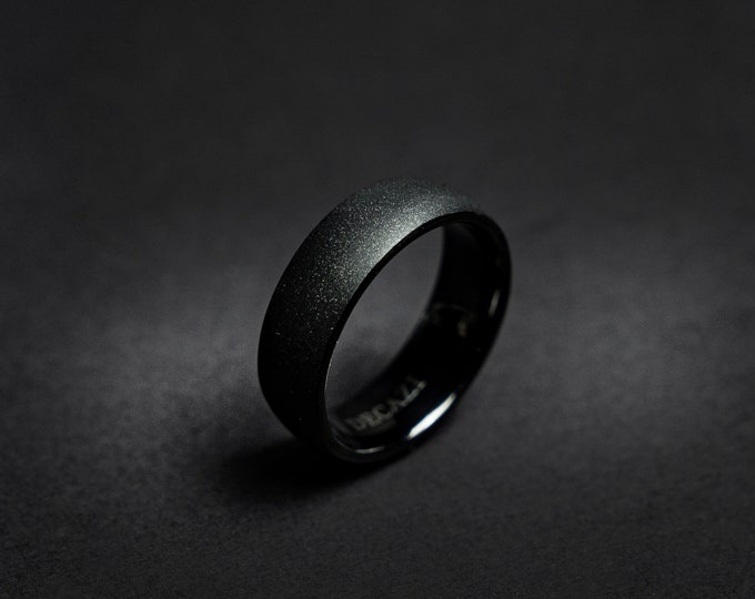 Diamond sandblasted domed black tungsten ring, ring for men, mens wedding band | Decazi