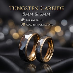 Anillo de tungsteno facetado de plata y oro con bordes pulidos en oro - Alianza de bodas de plata y oro - Anillo para él y para ella, anillo de promesa | Decazi