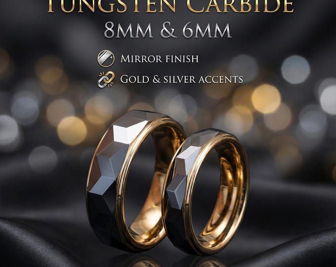 Faceted Silver & Gold Tungsten Ring with gold polished Edges - Silver/gold Wedding Band - his and hers ring set, Promise Ring | Decazi