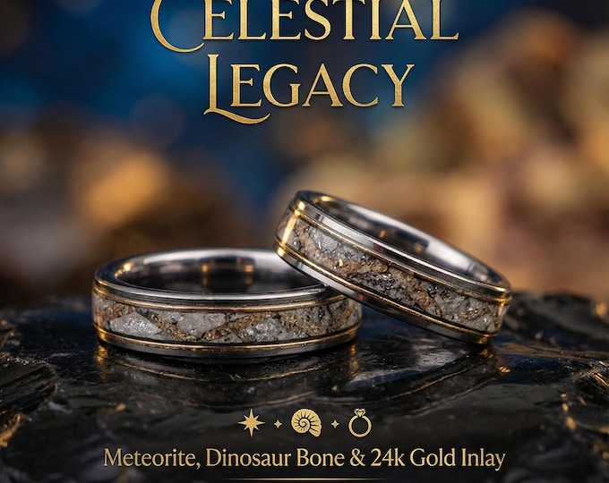 Mens Wedding Rings with Dinosaur Bone and Muonionalusta Meteorite, Customizable Personalized Handmade Jewelry | Decazi