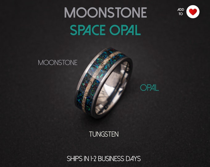 Space opal moon meteorite, moonstone ring, Lunar jewelry, Meteorite ring, Meteorite mens ring, Mens wedding band, Mens meteorite ring,