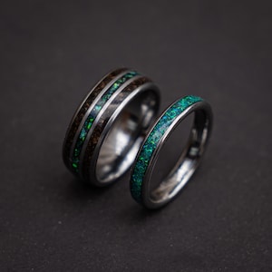 Megalodon Tooth & Peacock Opal Tungsten Ring Set | Meteorite Inlay | Matching 8mm + 4mm Wedding Bands | Comfort Fit image 1