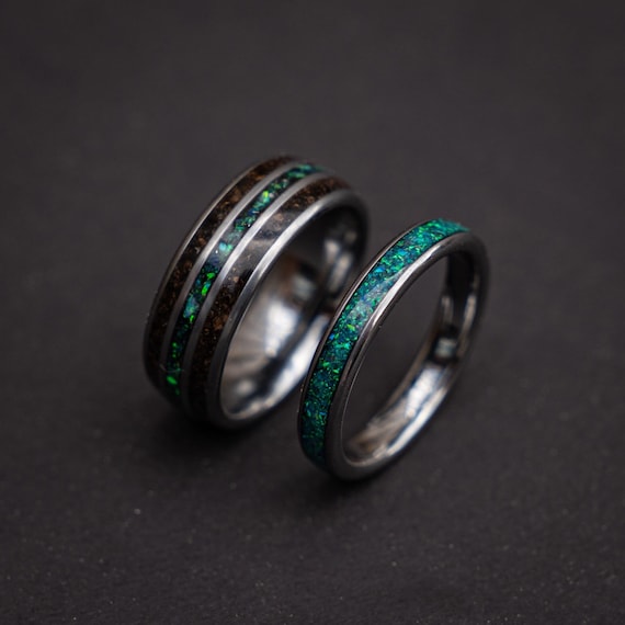 Megalodon Tooth & Peacock Opal Tungsten Ring Set | Meteorite Inlay | Matching 8mm + 4mm Wedding Bands | Comfort Fit
