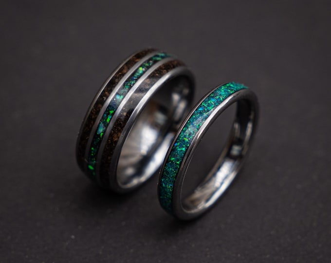 Megalodon Tooth & Peacock Opal Tungsten Ring Set | Meteorite Inlay | Matching 8mm + 4mm Wedding Bands | Comfort Fit