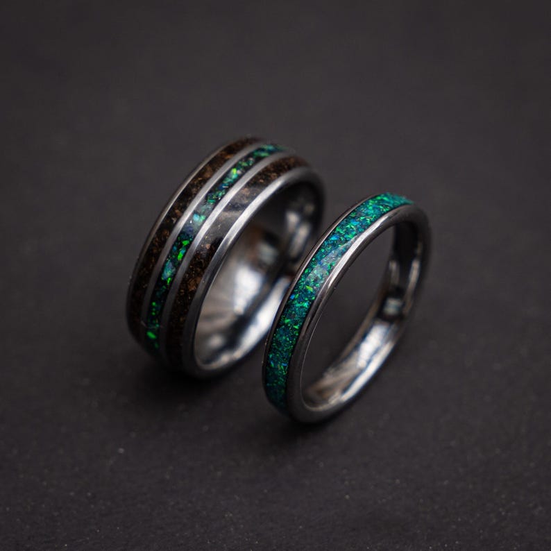 Megalodon Tooth & Peacock Opal Tungsten Ring Set | Meteorite Inlay | Matching 8mm + 4mm Wedding Bands | Comfort Fit image 1