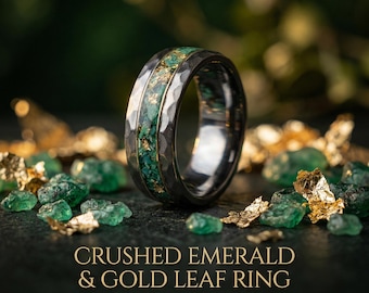 Green Emerald Gold Leaf Meteorite Hammered Band, Anniversary Ring, Unique Tungsten Wedding Band, Gold Opal Ring, Tungsten Ring Men | Decazi