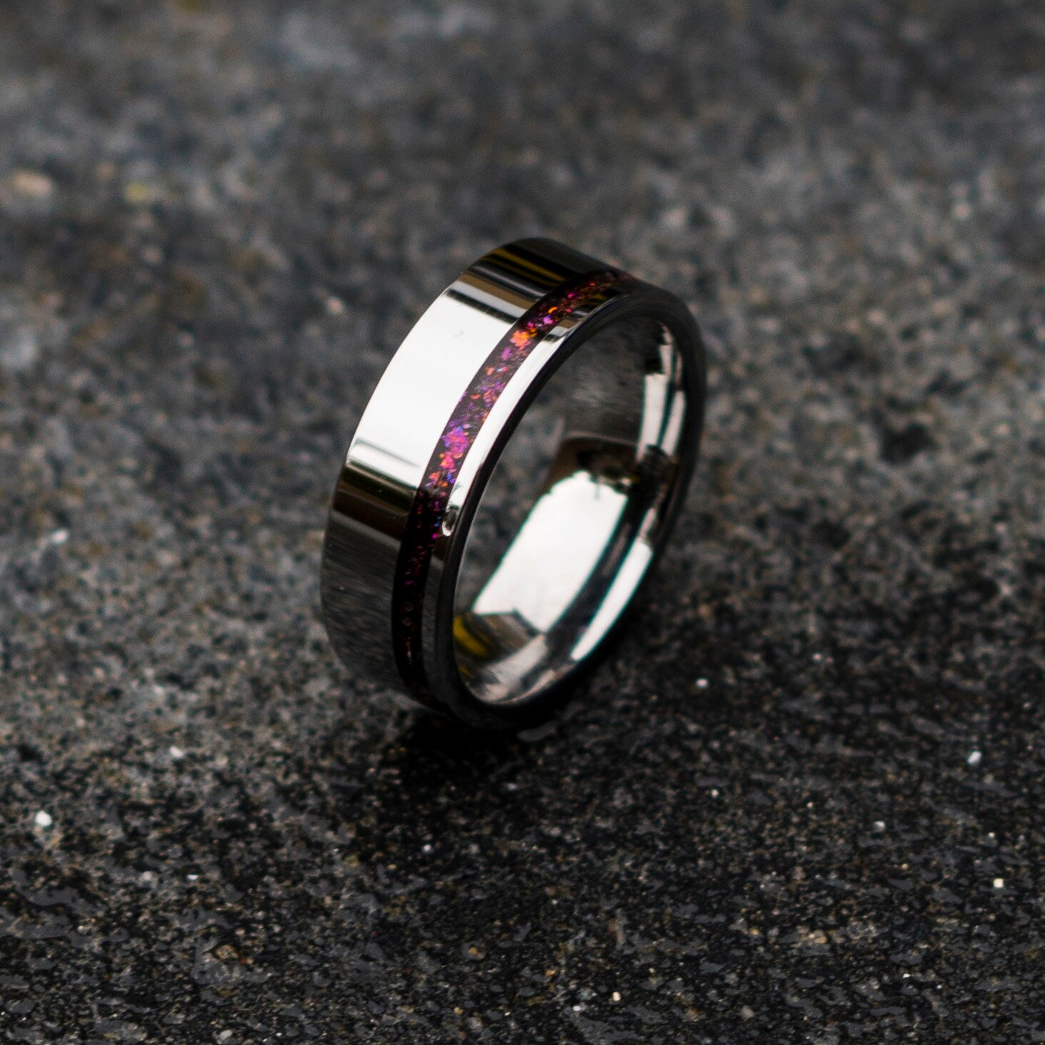 thumbnail image 2 of 8mm Black Tungsten Celestial Galaxy Crushed Opal Men's Wedding Band – Tommyway Jewelry 2 of 6