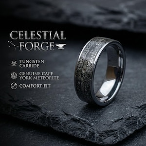 Meteorite Wedding Band for Men – Tungsten Carbide Ring with Genuine Space Rock Inlay, Cosmic Wedding Ring, Unique Engagement Band | Decazi