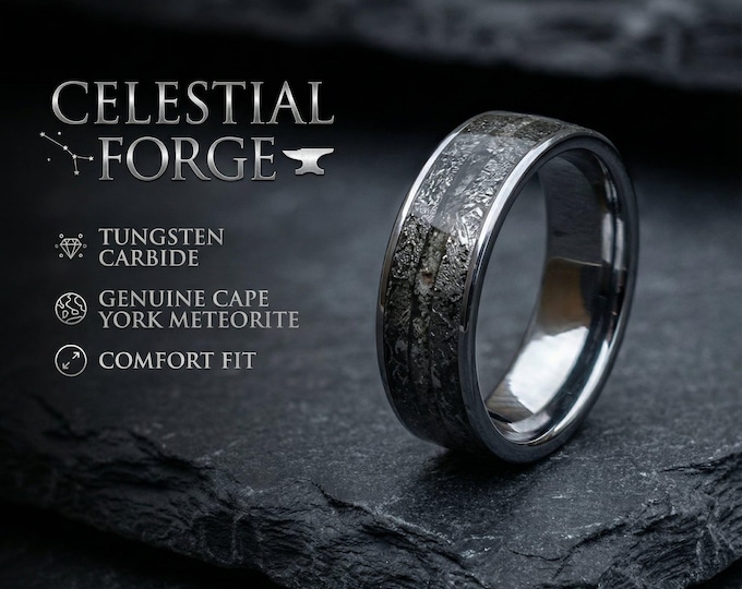 Meteorite Wedding Band for Men – Tungsten Carbide Ring with Genuine Space Rock Inlay, Cosmic Wedding Ring, Unique Engagement Band | Decazi