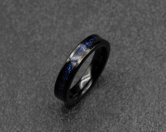 Black Tungsten ring with fine galaxy opal in 4mm wide.