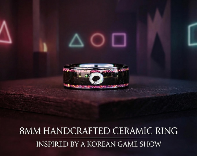 Black Ring with Pink Opal and White Circle Symbol – Geometric Aesthetic Jewelry, Subtle Fandom Jewelry, Drama, Geometric Gamer