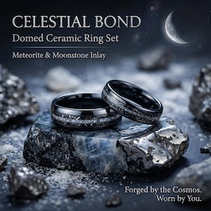 Domed Ceramic Ring Set • Muonionalusta Meteorite Dust Inlay • Rainbow Moonstone • Cosmic Wedding Bands • Matching Men’s & Women’s Rings