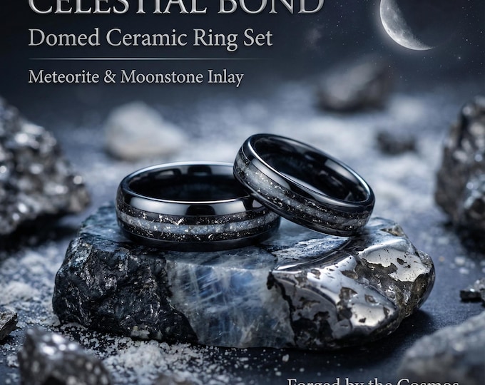 Domed Ceramic Ring Set • Muonionalusta Meteorite Dust Inlay • Rainbow Moonstone • Cosmic Wedding Bands • Matching Men’s & Women’s Rings