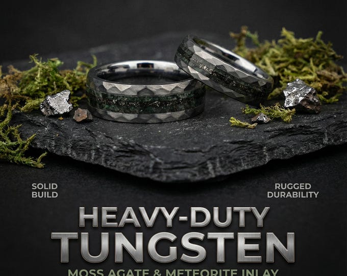 Moss Agate Natural Genuine Meteorite Engagement Couples Ring Set