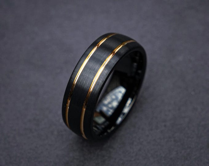 Black Tungsten Wedding Band 8mm | Double Gold Inlay Lines | Domed Comfort Fit Men's Ring | Brushed & Polished