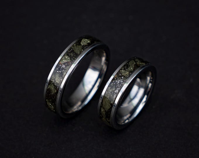 6mm Tungsten Ring Set with Pyrite & Meteorite Inlay • Men’s and Women’s Matching Wedding Bands • Cosmic Mineral Jewelry | Decazi