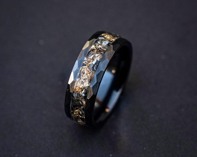 Black Ceramic Meteorite Ring – Gold Leaf Inlay Wedding Band – 8mm Comfort Fit – Men’s Wedding Ring – Faceted Hammered Style
