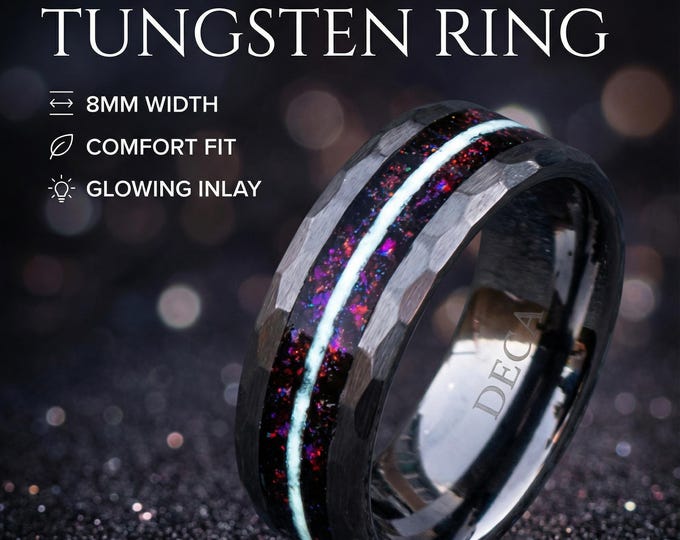 Glow in the dark. mens opal ring. Galaxy opal. Tungsten ring for men. meteorite opal ring. Hammered. wedding band men. ring with opal inlay