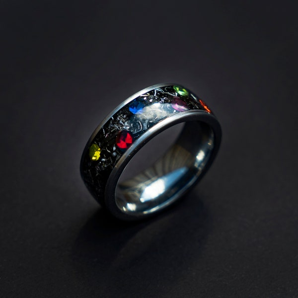 Bague météorite, bague pour hommes The Six Stones, bague en zircone cubique inspirée de la bande dessinée, bague de fiançailles en tungstène, cadeau d’art de fan d’anime