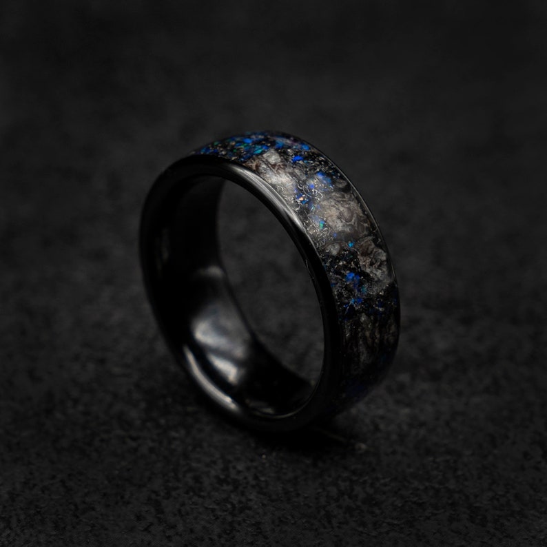 purple opal. mens wedding band triceratops ring meteorite ring men jewelry dinosaur bone ring engagement black ceramic ring