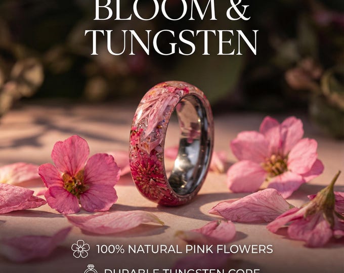 Tungsten Ring with Pink Flowers, Resin Floral Ring, Handmade Statement Jewelry, Unique Nature-Inspired Ring, Gift for Her