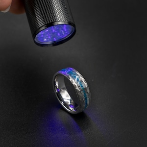 This ring turns blue with UV, glow in the dark, Meteorite ring men, blue opal ring, tungsten mens rings, mens opal ring | Decazi
