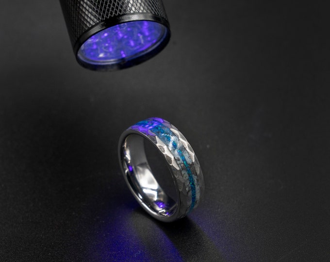 This ring turns blue with UV, glow in the dark, Meteorite ring men, blue opal ring, tungsten mens rings, mens opal ring | Decazi