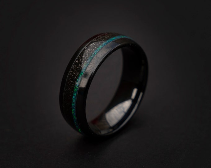 meteorite ring, Black galaxy ceramic ring, wedding, mens wedding band, opal ring, blue opal ring, tungsten ring, meteorite, ceramic ring.