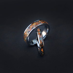 Dinosaur bone tungsten ring set with Mexican fire opal and meteorite dust, mens wedding band, green opal | Decazi
