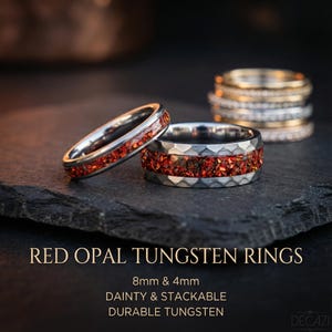 Anillo de tungsteno de plata martillada con rubí, anillos de boda a juego, anillo de rubí, joyería hecha a mano, anillos de boda | Decazi